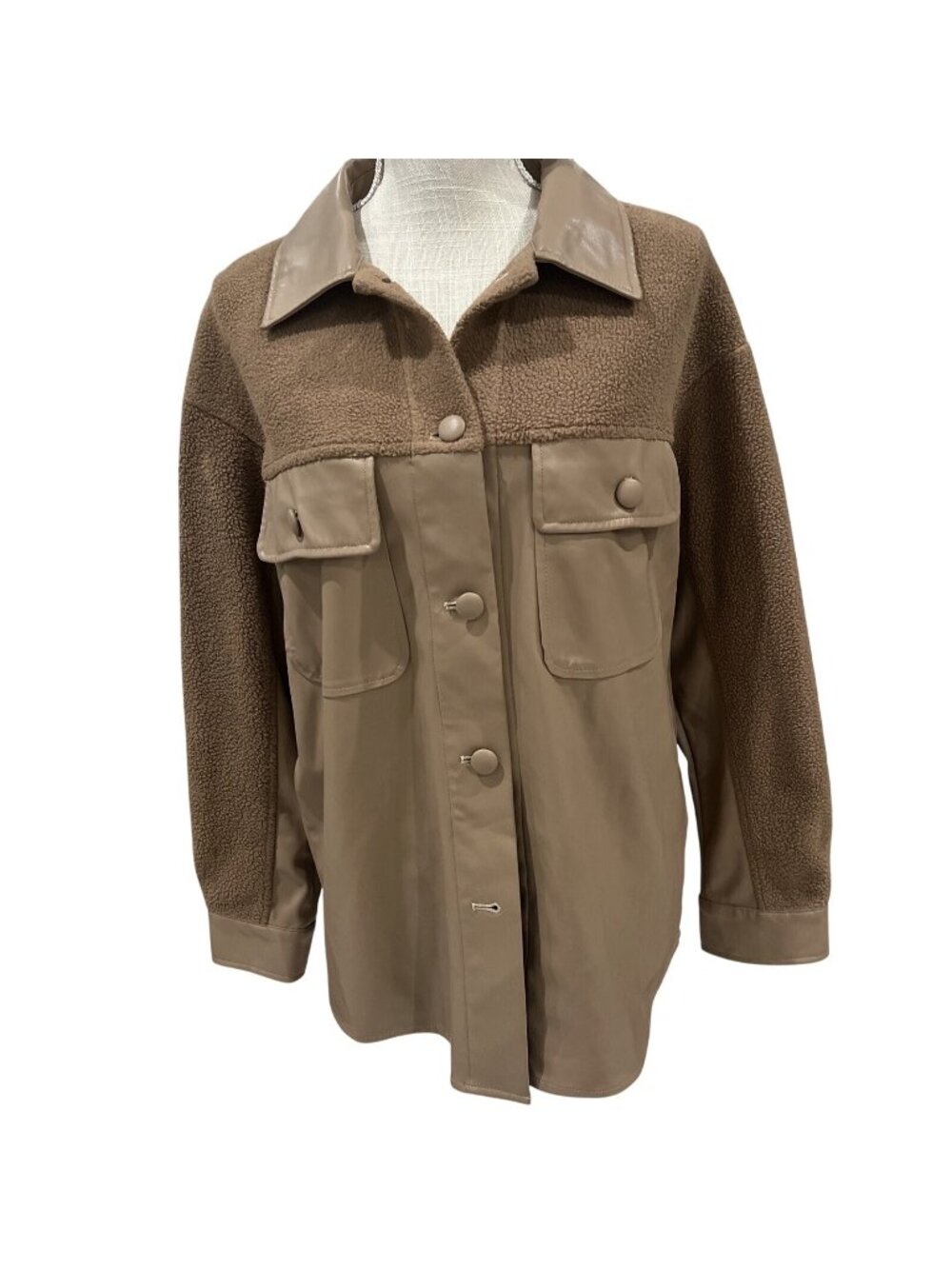 Heartloom Tonya Womens Shacket Jacket Brown Fleece & Faux Leather S
